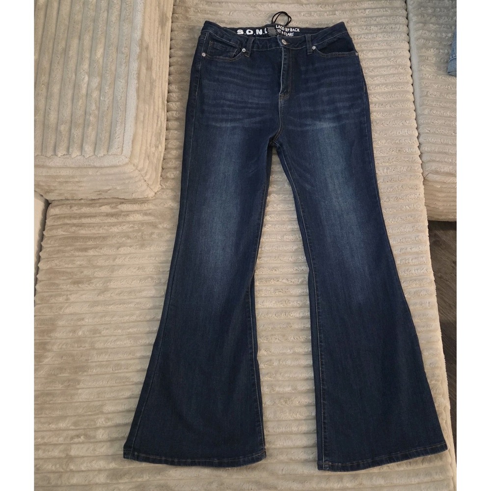 S.O.N.G. Womens Dark Blue Jeans 13/31 Lace Up Back Fit N Flare Pants